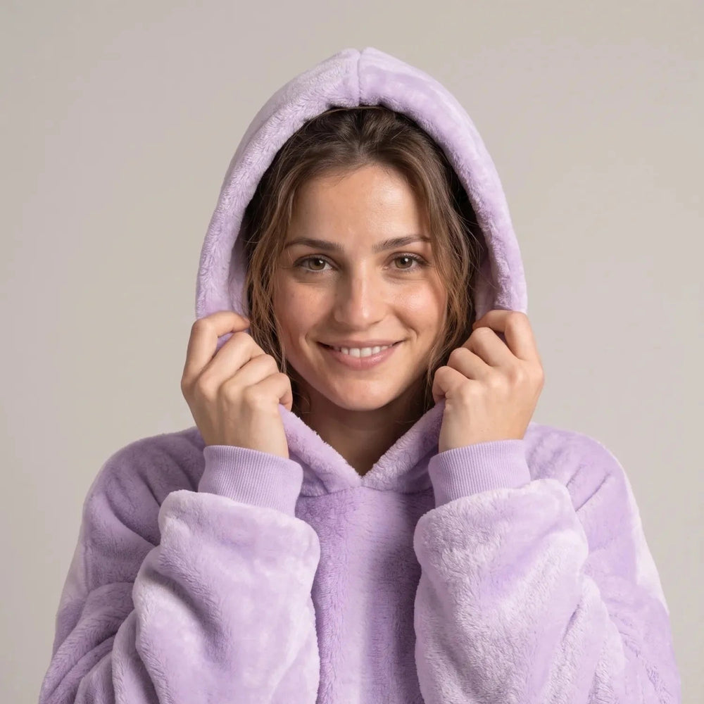 Close-up of the Lavender blanket hoodie with the hood up