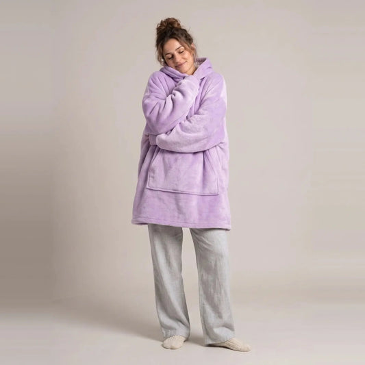 Model wearing the Lavender blanket hoodie, oversized unisex fit, studio photo