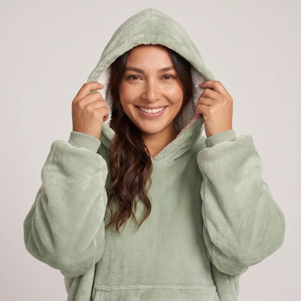 Close-up of the Matcha Green blanket hoodie with the hood up