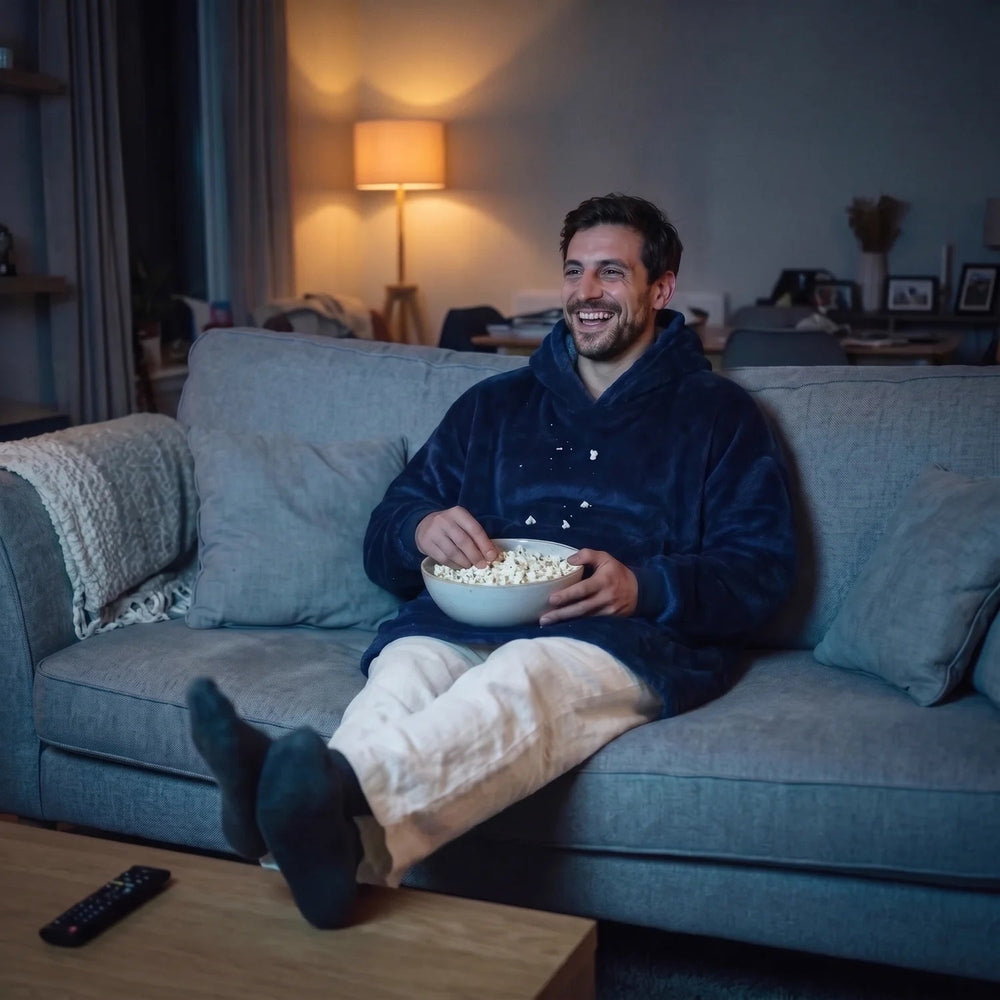 Man in the Navy Blue blanket hoodie on the couch for movie night with a bowl of popcorn