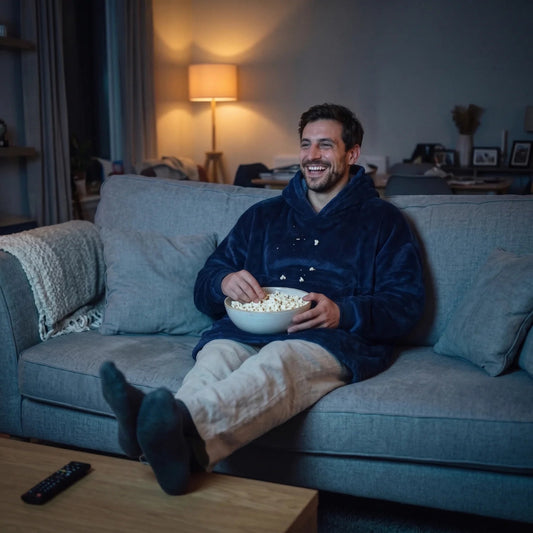 Man in the Navy Blue blanket hoodie on the couch for movie night with a bowl of popcorn