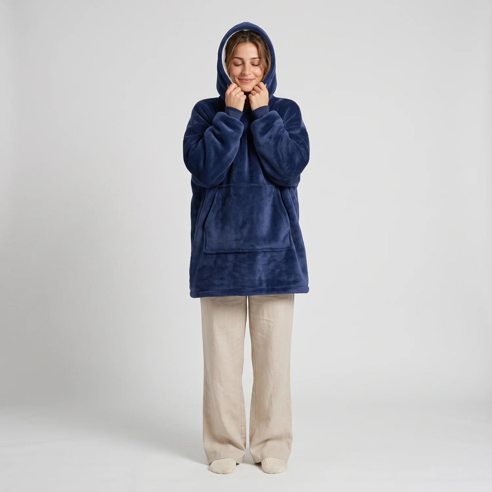 Worn detail of the Navy Blue blanket hoodie