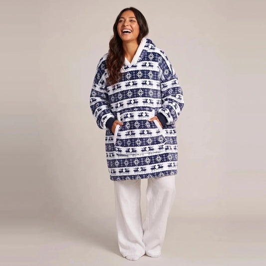 Model wearing the Navy Reindeer blanket hoodie, oversized unisex fit, studio photo