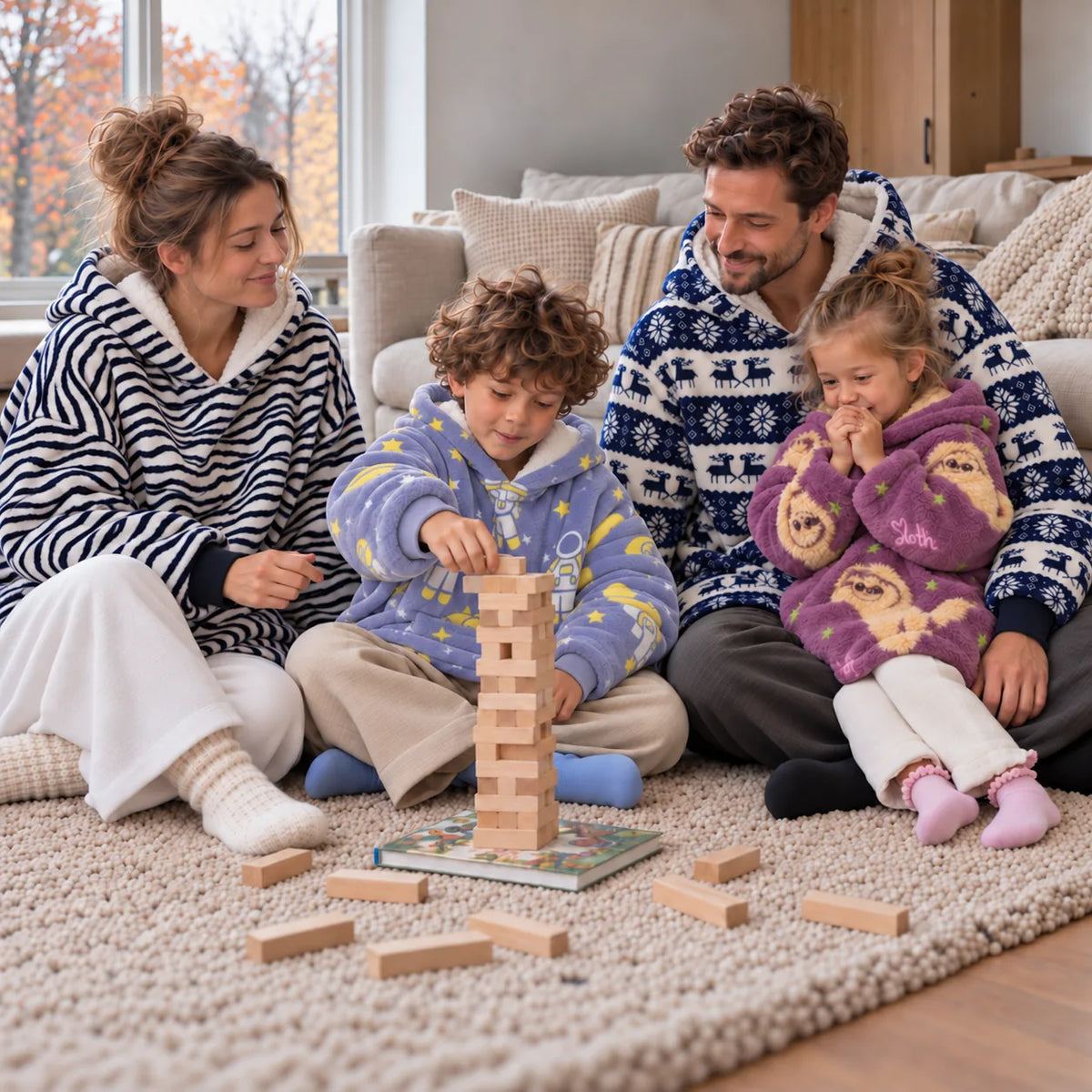 Family in matching blanket hoodies playing a wooden block tower game on the living room rug