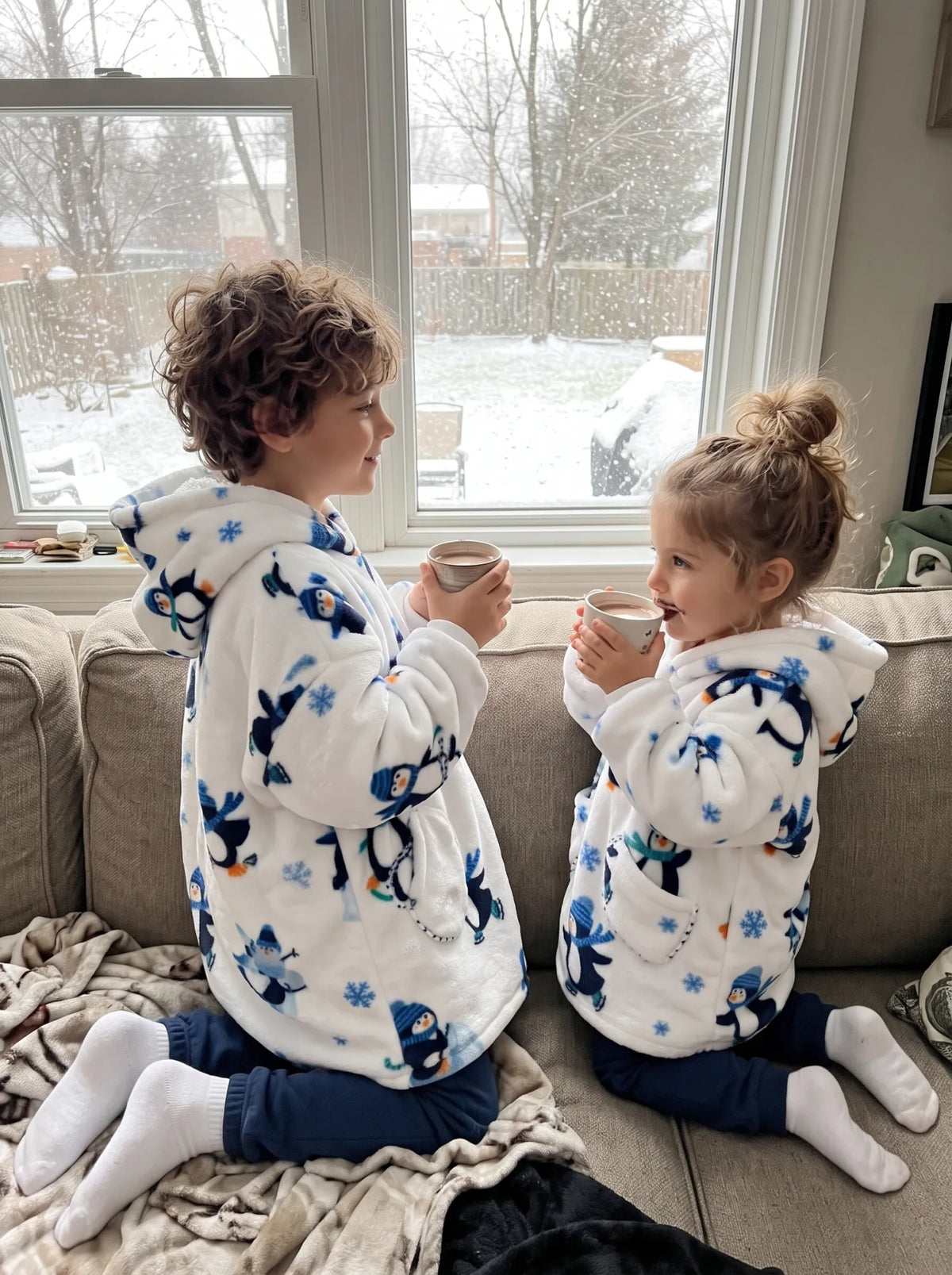 Two siblings wearing matching Penguins blanket hoodies watching the snow fall with mugs of hot chocolate