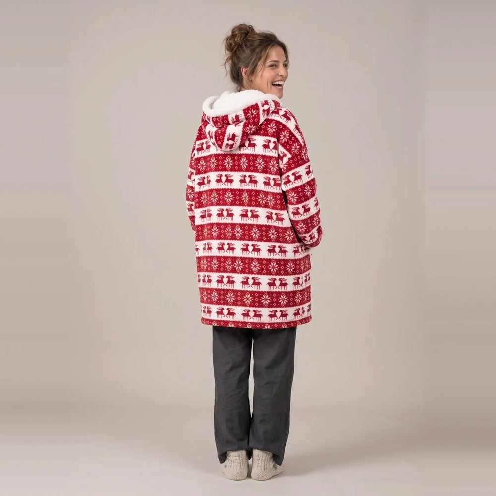 Back view of the Red Reindeer blanket hoodie showing the hood and oversized fit
