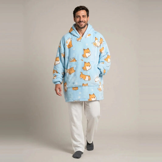 Model wearing the Shiba Inu blanket hoodie, oversized unisex fit, studio photo