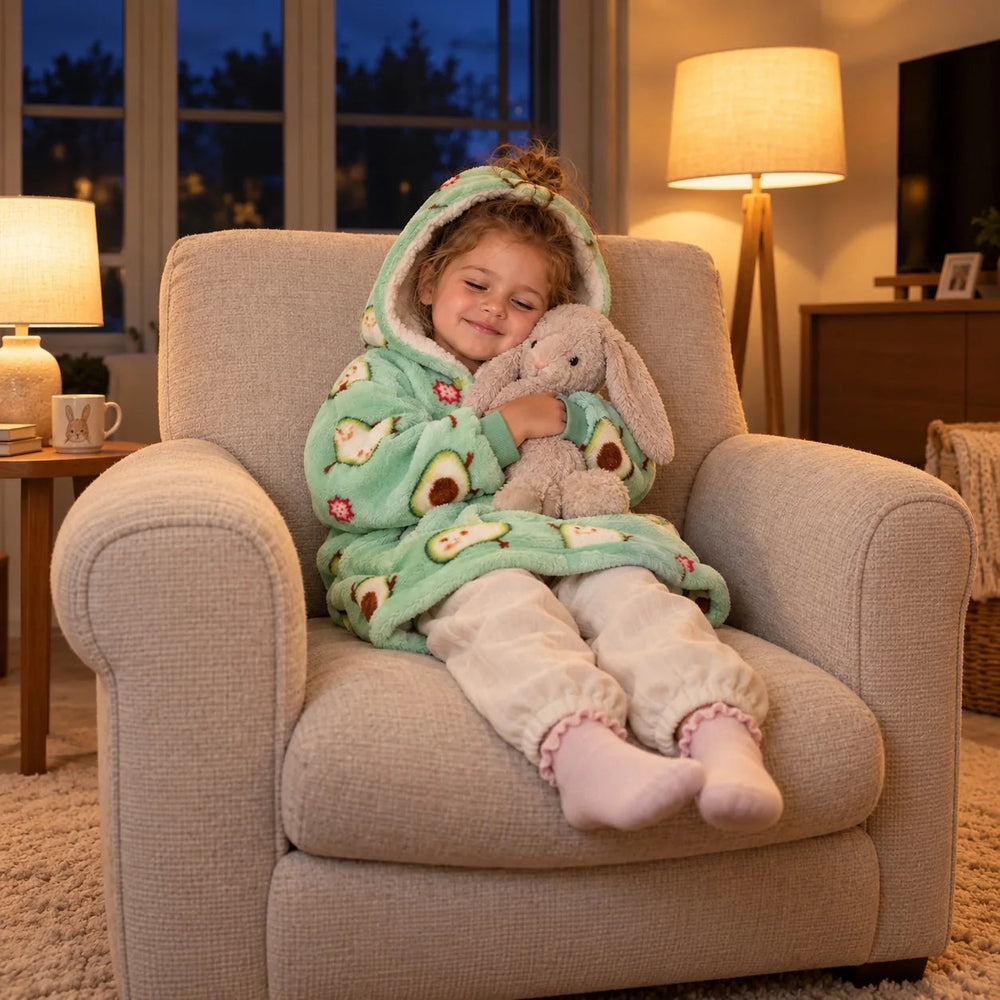 Toddler asleep in an armchair with her bunny in the Avocado blanket hoodie