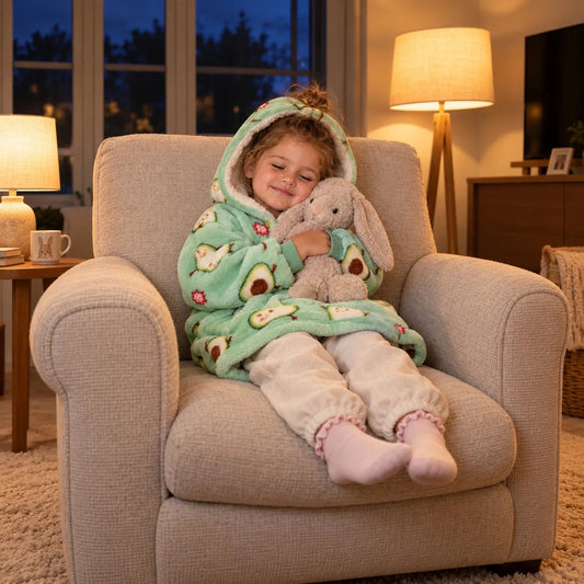 Toddler asleep in an armchair with her bunny in the Avocado blanket hoodie