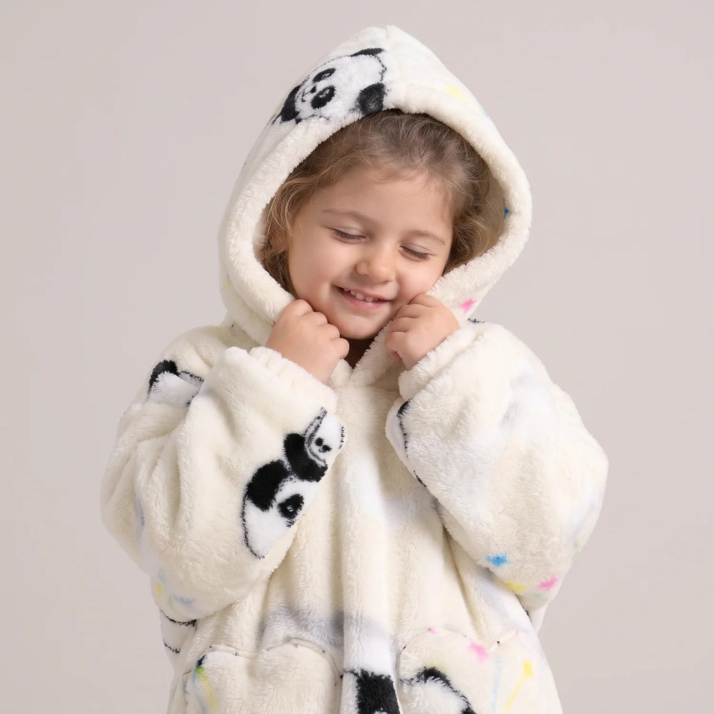 Close-up of the Cream Pandas Toddler blanket hoodie with the hood up