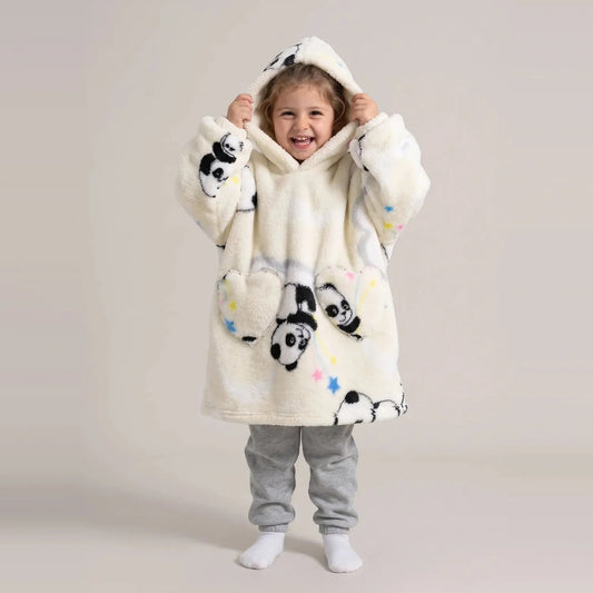 Toddler wearing the Cream Pandas Toddler blanket hoodie, studio photo