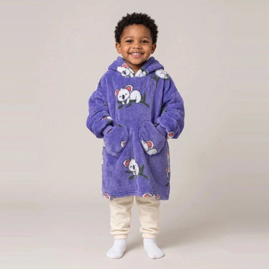 Toddler wearing the Koalas Toddler blanket hoodie, studio photo