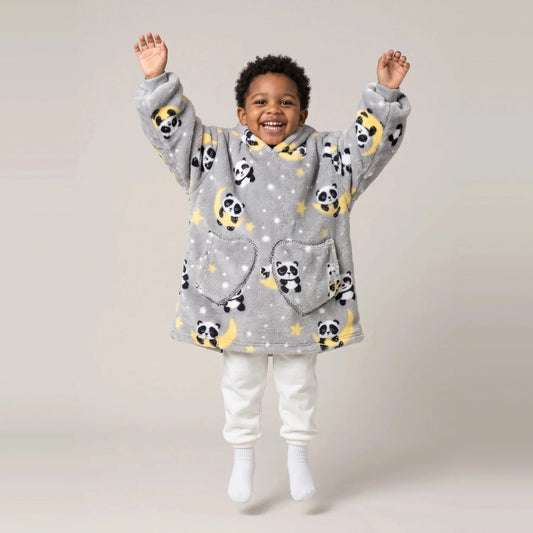 Toddler wearing the Moon Pandas Toddler blanket hoodie, studio photo