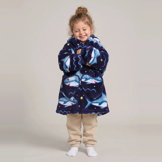 Toddler wearing the Navy Sharks Toddler blanket hoodie, studio photo