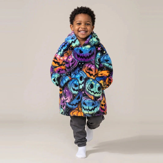 Toddler wearing the Neon Pumpkins Toddler blanket hoodie, studio photo
