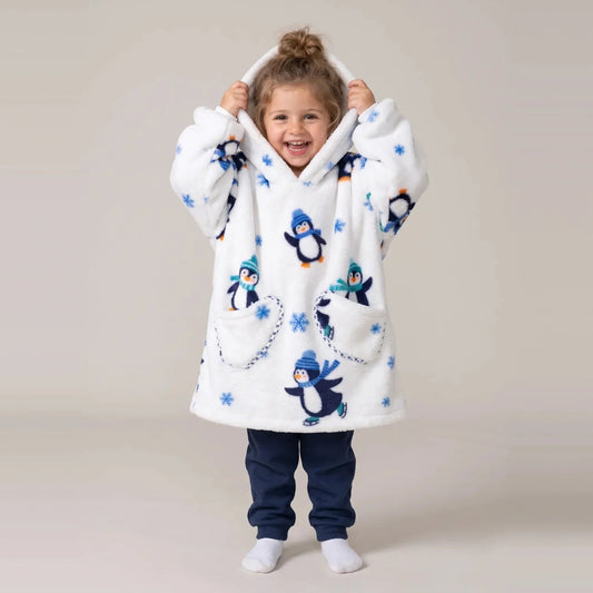 Toddler wearing the Penguins Toddler blanket hoodie, studio photo