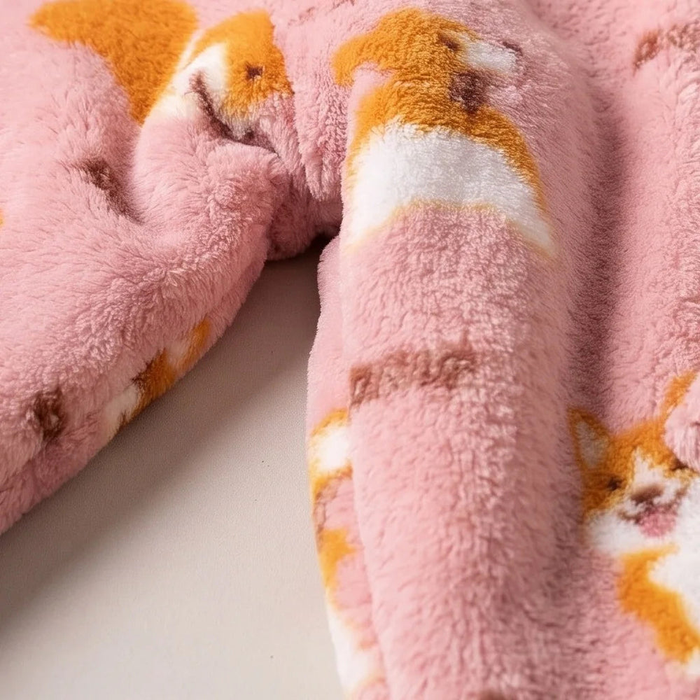 Close-up of the soft Pink Corgis flannel and sherpa lining