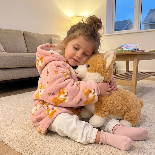 Toddler in the Pink Corgis blanket hoodie hugging a plush corgi on the rug