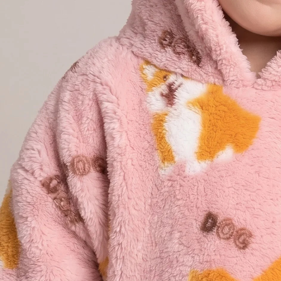 Worn detail of the Pink Corgis Toddler blanket hoodie: soft sleeves and pocket