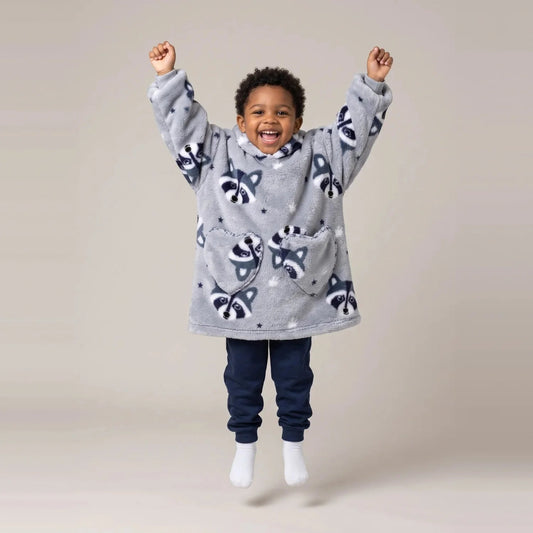 Toddler wearing the Raccoons Toddler blanket hoodie, studio photo