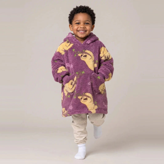 Toddler wearing the Sloths Toddler blanket hoodie, studio photo
