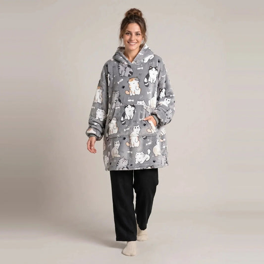 Model wearing the White Cats blanket hoodie, oversized unisex fit, studio photo